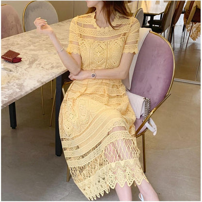 Pink O-neck Hollow Out Lace High Waist Puff Sleeve Mini Dress Ar1010