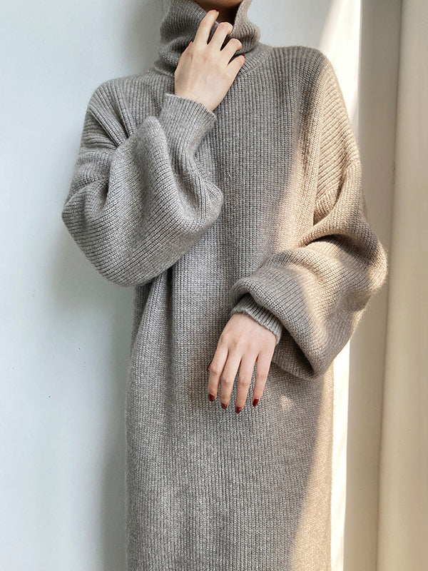 Urban Loose Purple High-neck Long Puff Sleeve Sweater Dress An1052