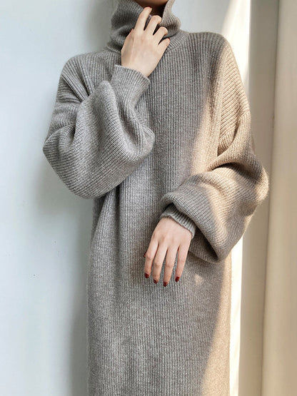 Urban Loose Purple High-neck Long Puff Sleeve Sweater Dress An1052