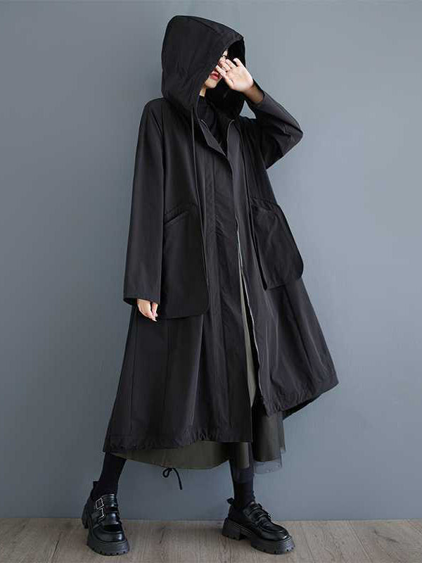 Balck Hooded Pockets Zip-up Drawstring Hem Long Sleeve Trench Coat Tw021