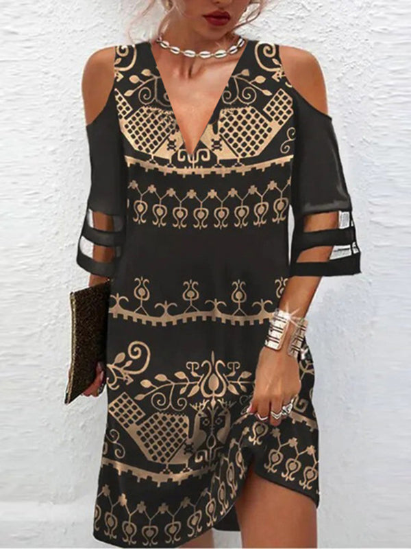 Half Sleeves Loose Hollow Mesh Printed Split-joint Cold Shoulder Mini Dresses