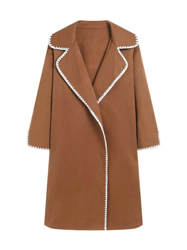 Lapel Contrast Loose Outwear Female Patchwork High Waist Long Sleeve Winter Patchwork Coat