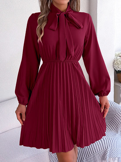 Long Sleeves Loose Pleated Color Tied Mock Neck Mini Dresses