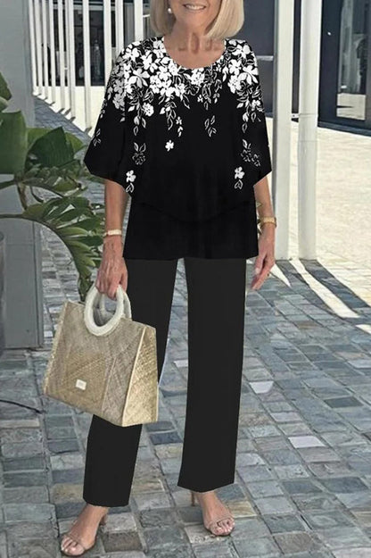 Round Neck Half Sleeve Loose Top and Elastic Waist Straight Pants Set