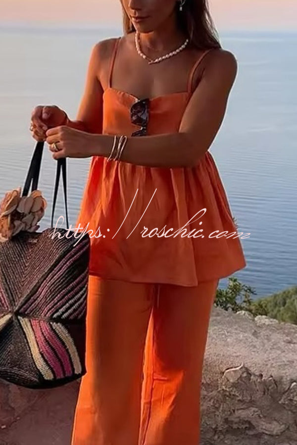 Color Suspender Loose Top and Elastic Waist Wide Leg Pants Set