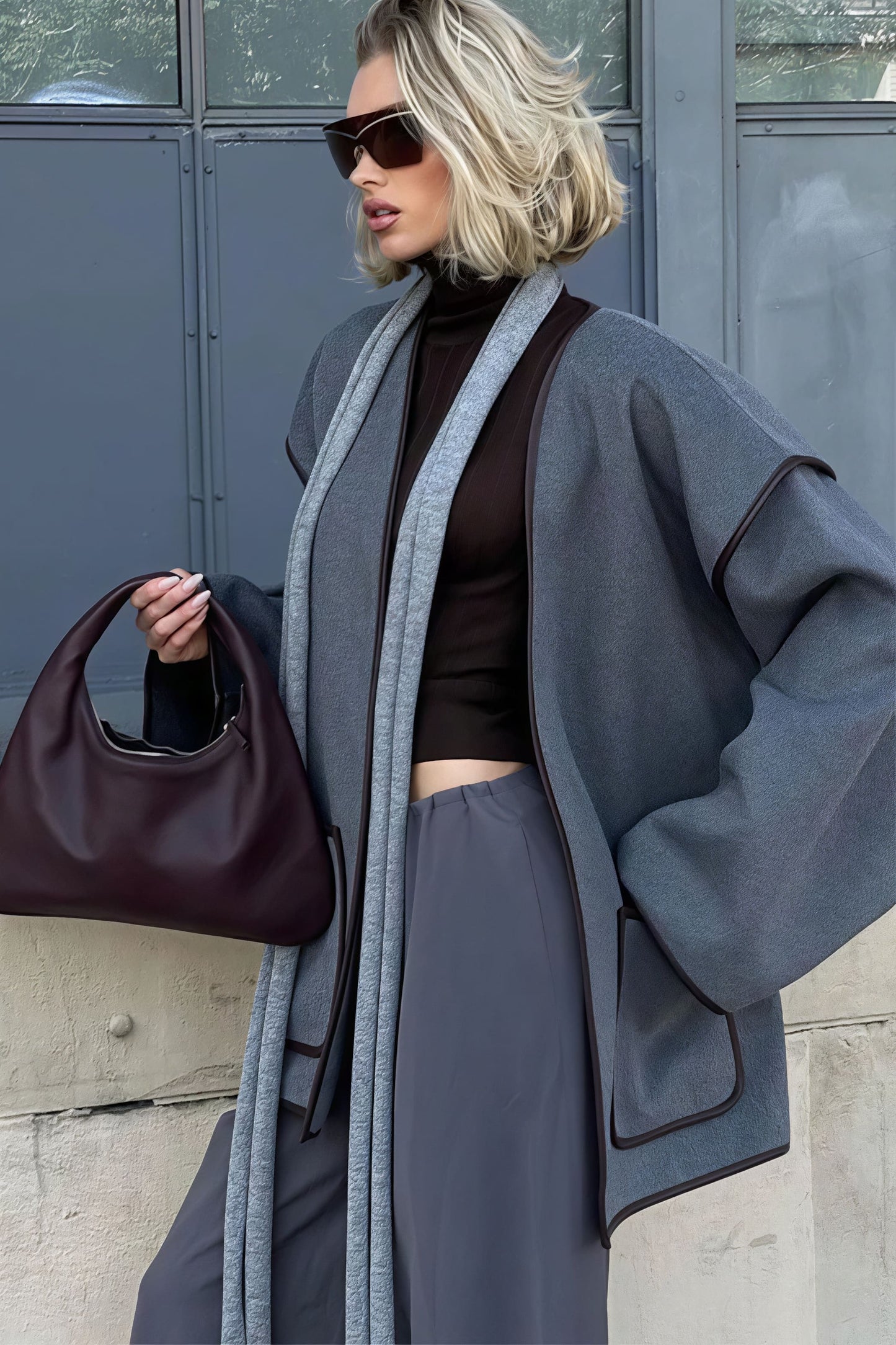 Leather Pieced Two-tone Belted Coat