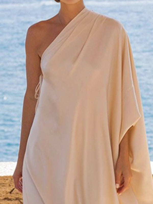 Batwing Sleeves Loose Color Split-joint One-shoulder Maxi Dresses