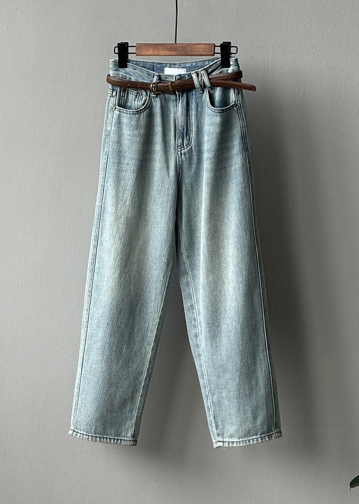 Simple Light Blue High Waist Pockets Denim Straight Pants Fall Wd017