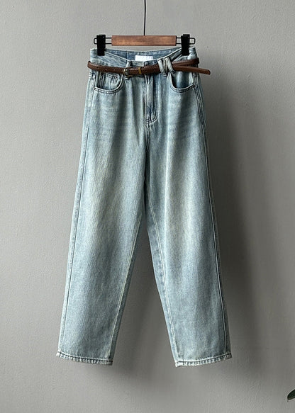Simple Light Blue High Waist Pockets Denim Straight Pants Fall Wd017