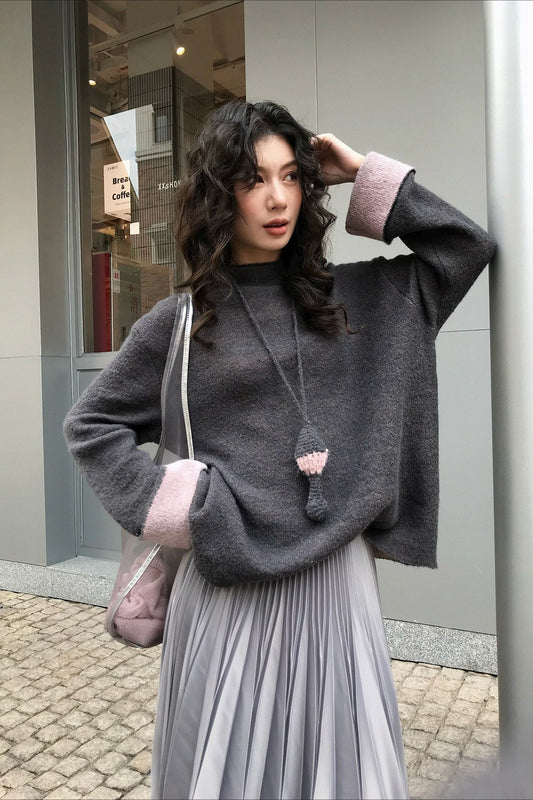 Color-block Mock Neck Loose Lazy-style Knit Sweater