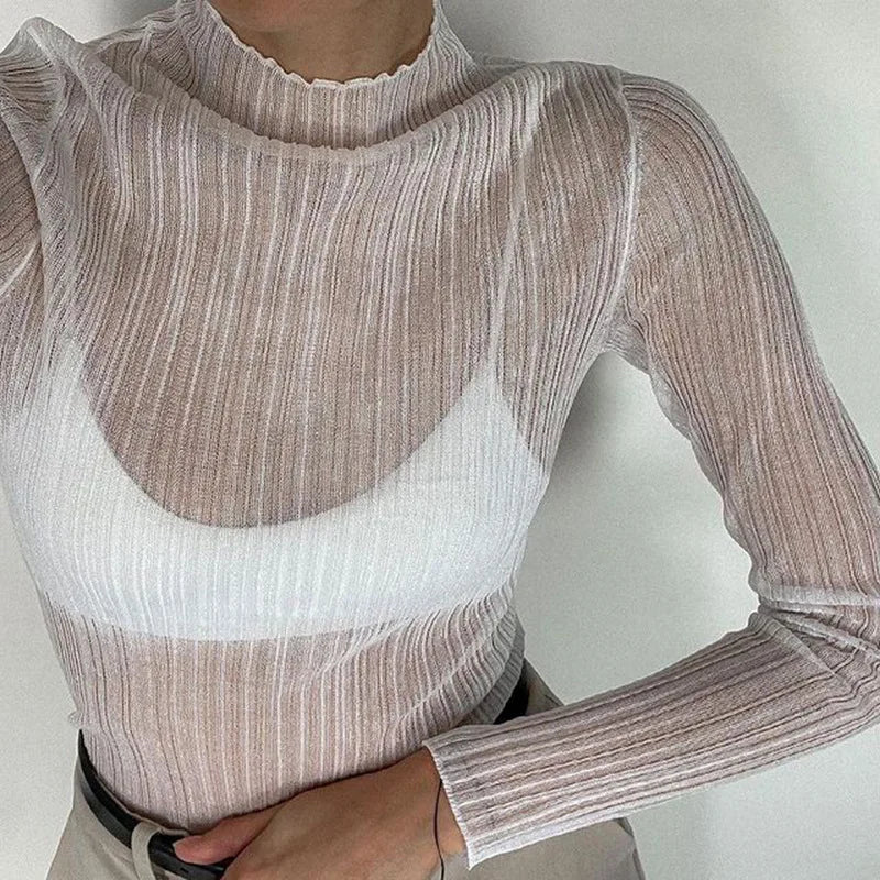 Fall See Through Long Sleeve Mock Neck Tops T-shirts Tees Slim Clothes