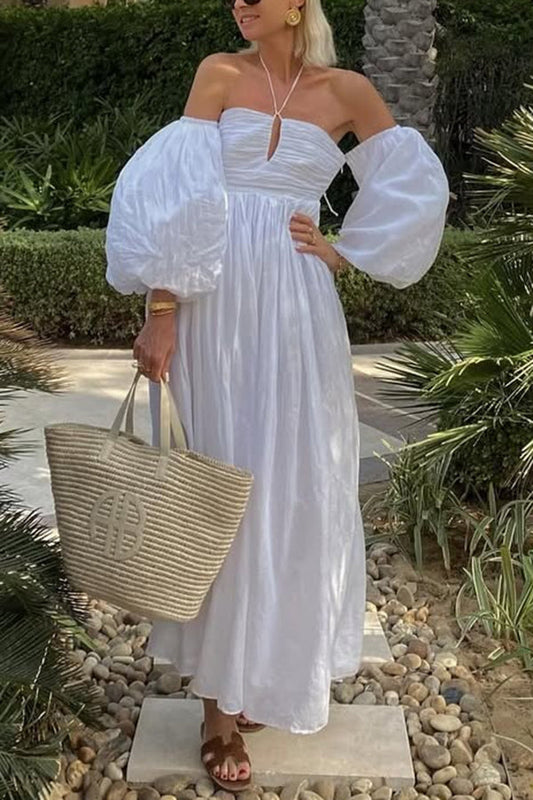 Color Off-the-shoulder Hollow Puff Sleeve Maxi Dress