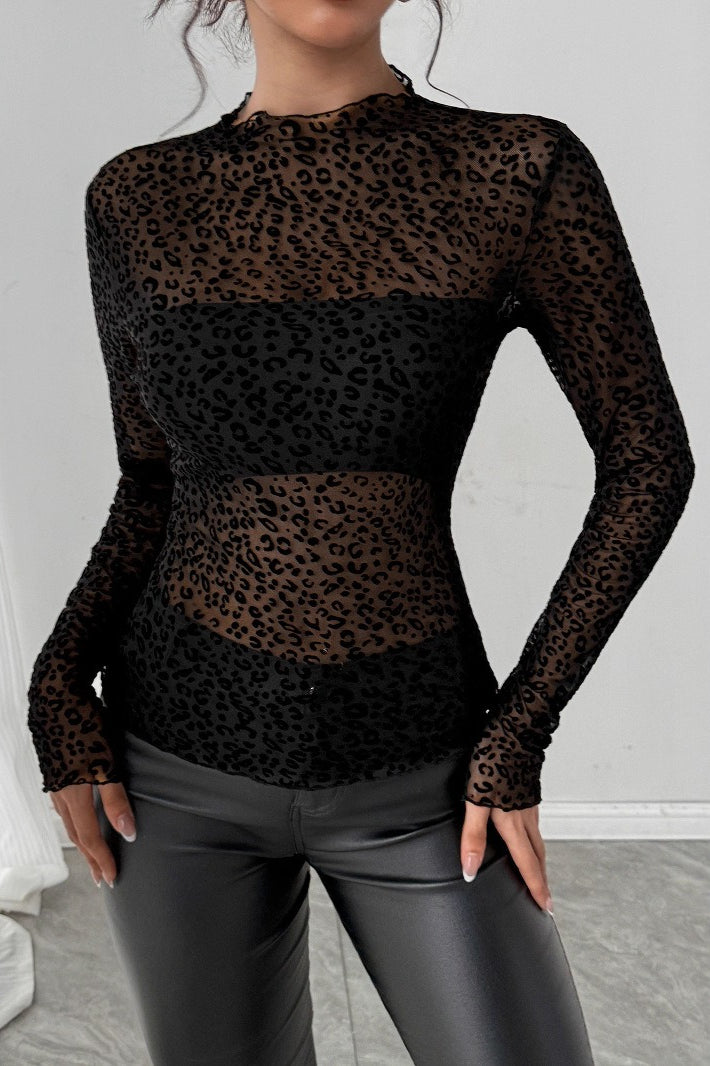 Turtleneck Slim-fit Mesh Long-sleeve Blouse