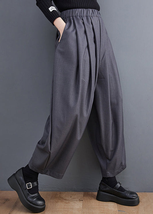 Pockets Crop Waist Elastic Cotton Spring Grey Pants