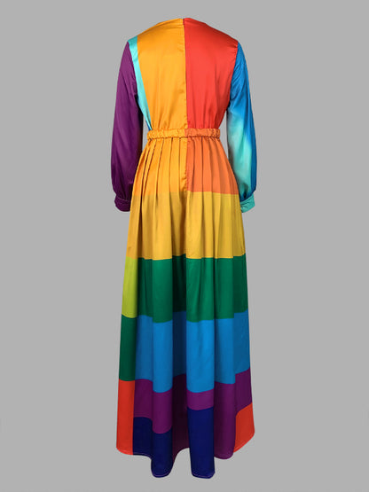 Long Sleeves Loose Colorful Striped Round-neck Maxi Dresses