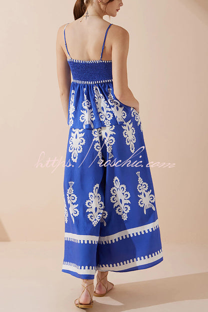 Unique Print Suspender Pleated Top and Elastic Waist Loose Wide-leg Pants Set