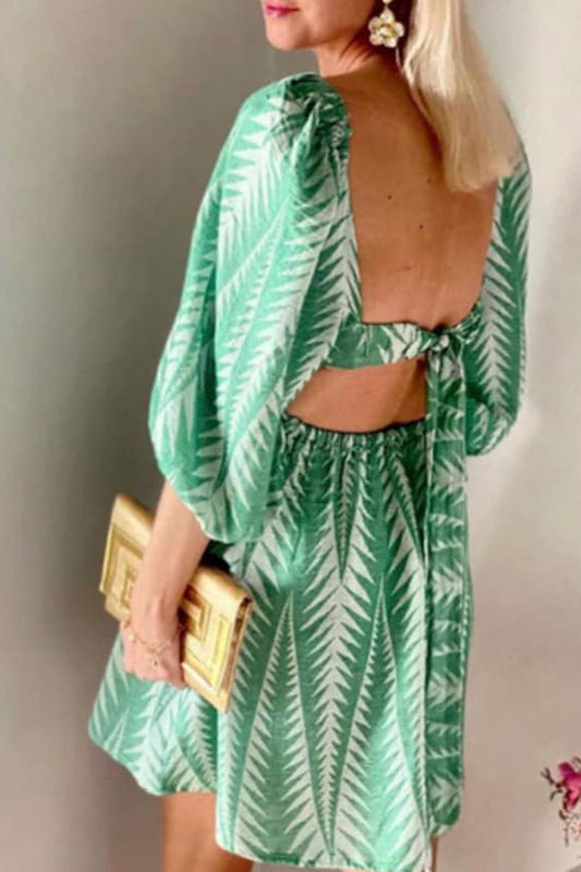 Summer Greens Linen Blend Print Balloon Sleeve Back Tie-up Mini Dress
