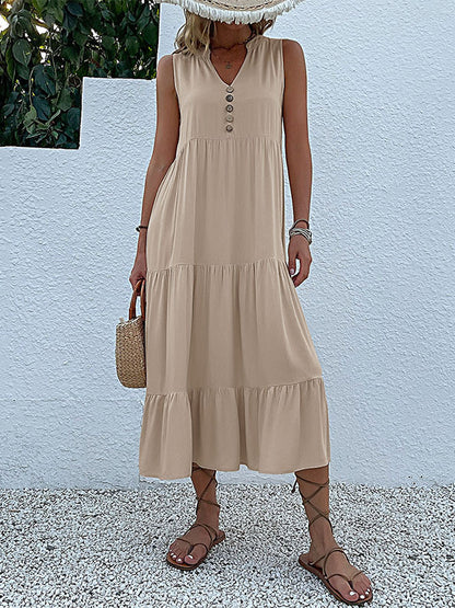 Loose Sleeveless Pleated Split-joint V-neck Midi Dresses