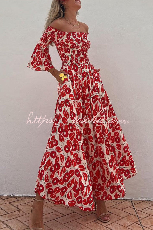 Close to the Vacation Print Smocked Off Shoulder Pocketed Maxi Dress