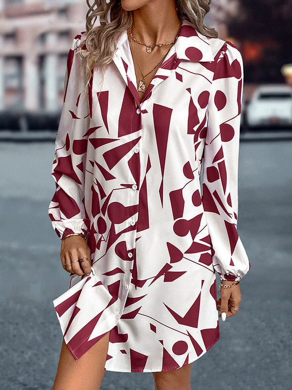Loose Puff Sleeves Printed Split-joint Lapel Mini Dresses Shirt Dress
