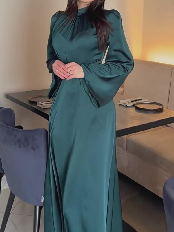 Long Sleeves Loose Pleated Color Tied Waist Mock Neck Maxi Dresses