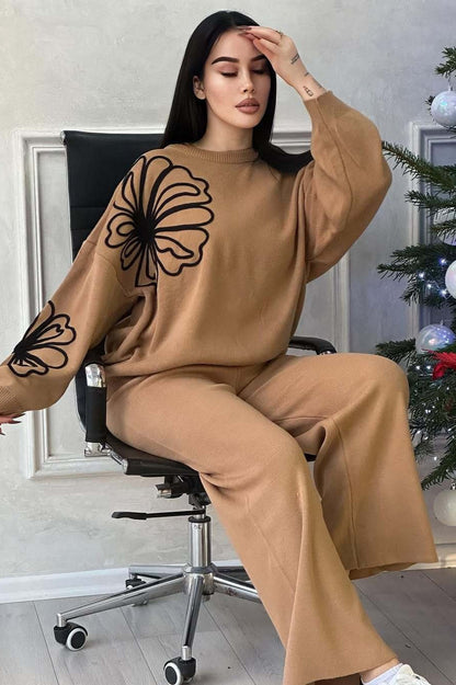 Round Neck Knit Sweater With Pants Two Piece Set