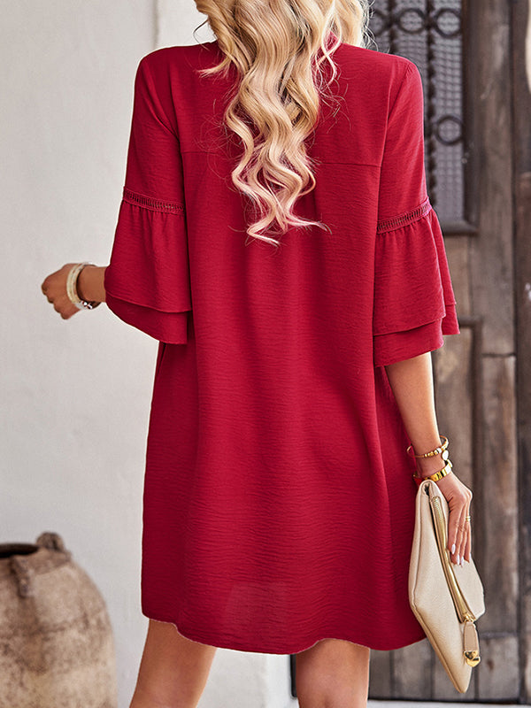 Loose Short Sleeves Falbala Color V-neck Mini Dresses