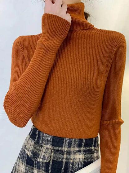 New Pullover Turtleneck Sweater Autumn Long Sleeve Slim Elastic Korean Simple Basic Jumper Color Top