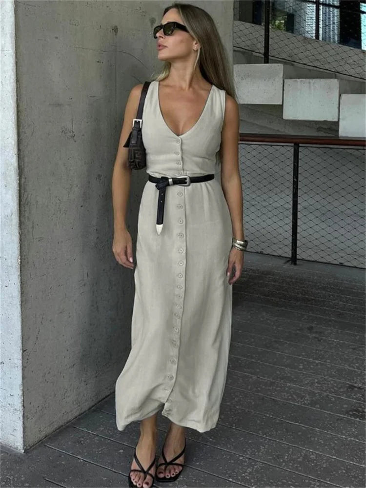 Summer V-neck Long Dress ’s Slim Lace-up High Waist Sleeveless Party Dress Maxi Dress New