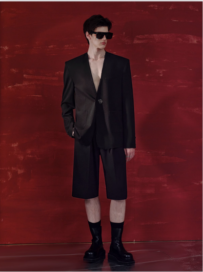 Sophisticated One-metallic Button Blazer & Pants & Shorts Set