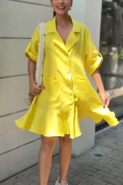 Color Lapel Pocket Ruffle Loose Mini Dress