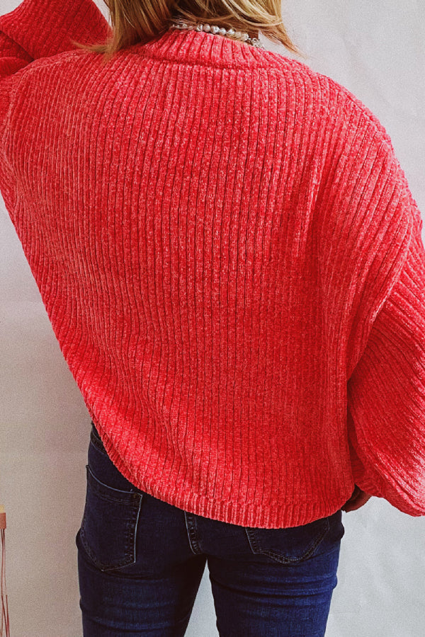 Color Round Neck Lantern Sleeve Short Knitted Sweater