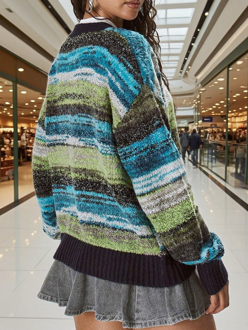 Color-block Striped V-neck Retro Knit Sweater