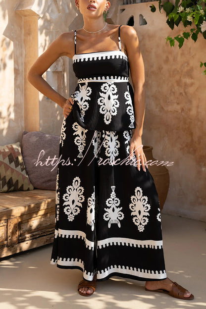 Unique Print Suspender Pleated Top and Elastic Waist Loose Wide-leg Pants Set