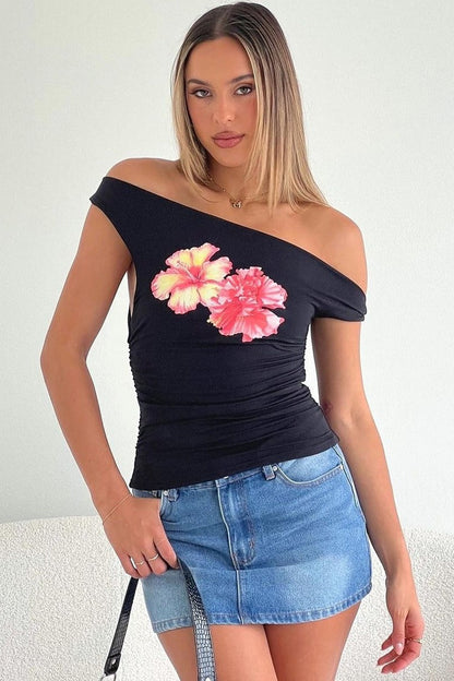 Off Shoulder Print Crop T-shirt