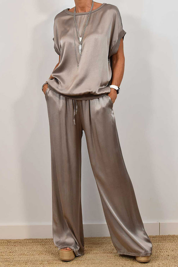 Satin Color Loose Short-sleeved Top and Elastic Waist Lace-up Pocket Wide-leg Pants Set