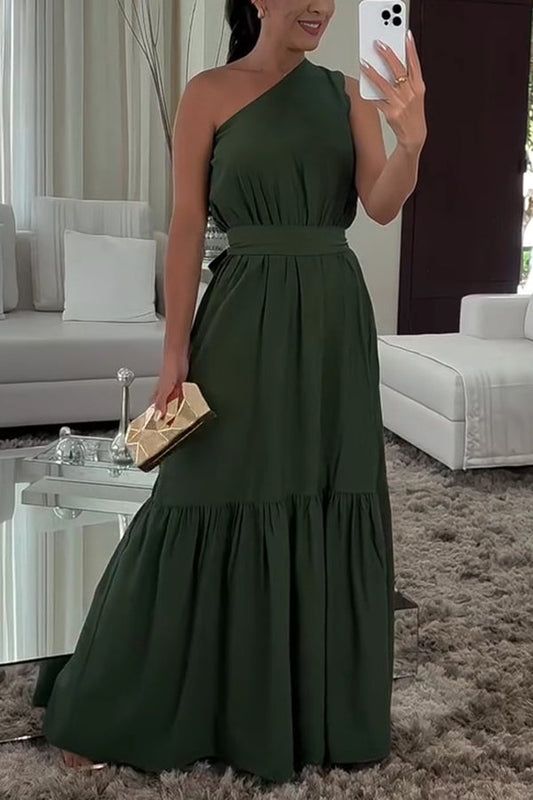Color One Shoulder Waist Tie Maxi Dress