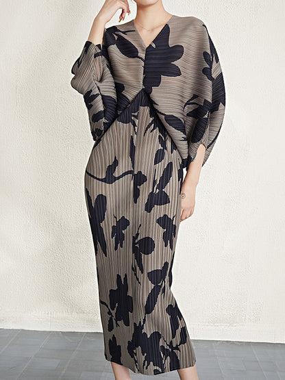 Batwing Sleeves Loose Pleated Printed V-neck Midi Dresses