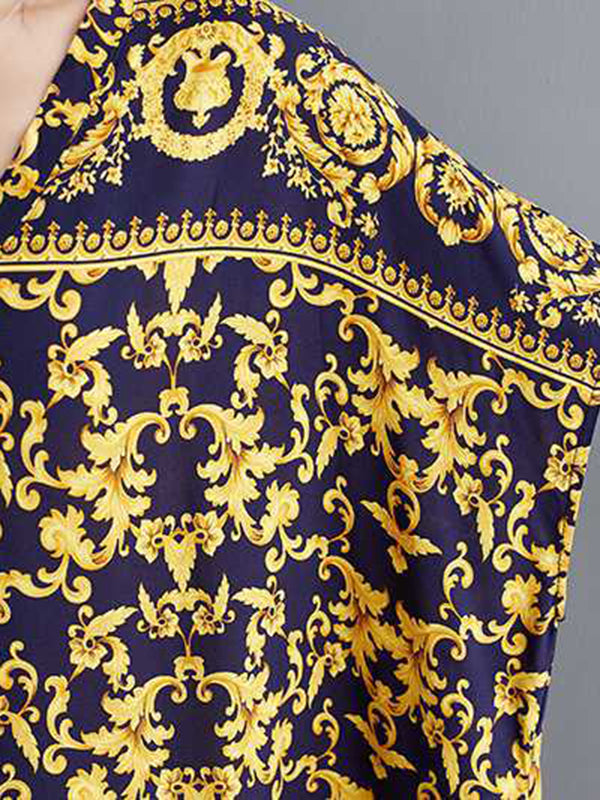 A-line Batwing Sleeves Printed V-neck Maxi Dresses