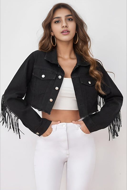 Beaded Fringe Raw Hem Denim Coat