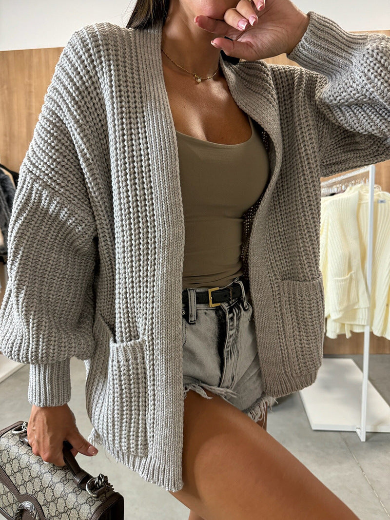 Color V-neck Long-sleeved Knitted Cardigan