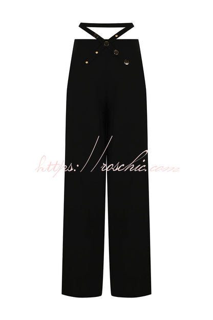Leia High Neck Button Bell Sleeve Top and Cutout Waist Metal Pocketed Flare Pants Set
