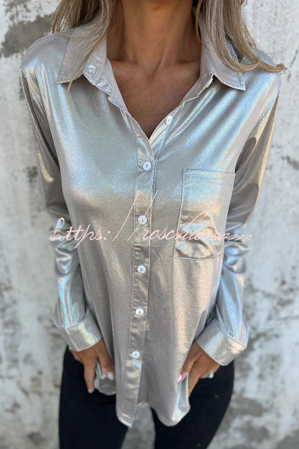 Holiday Look Metallic Loose Pocket Button-down Blouse