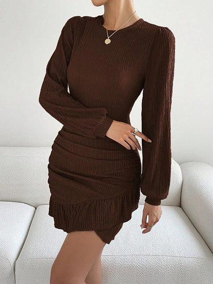Bodycon Long Sleeves Pleated Ruffle Trim Color Split-joint Round-neck Mini Dresses
