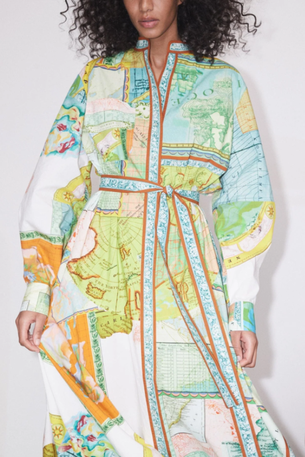 Travel Around the World Unique Print Balloon Sleeve Belt Shirt Midi Dress