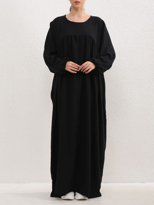 Long Sleeves Loose Pleated Color Split-joint Round-neck Maxi Dresses