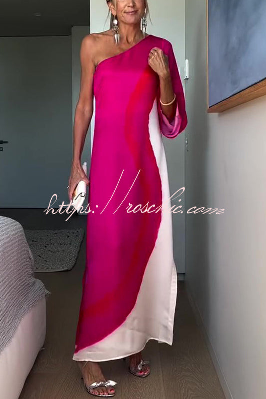 Contrast Print One-sleeve Slit Maxi Dress