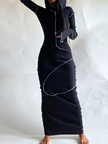Long Sleeves Color Split-joint Hooded Maxi Dresses