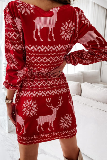 Christmas Print Long Sleeve Tie Waist Mini Dress