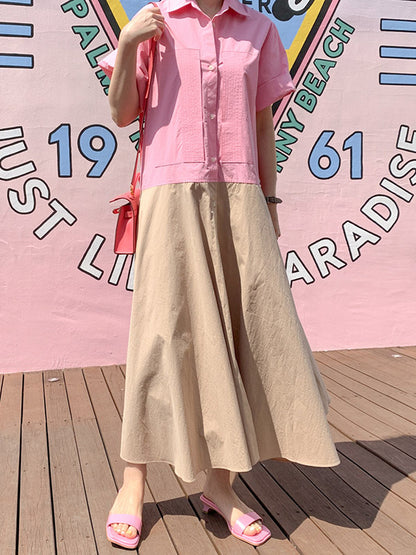Split-joint Lapel Buttoned Short Sleeves Midi Dress
